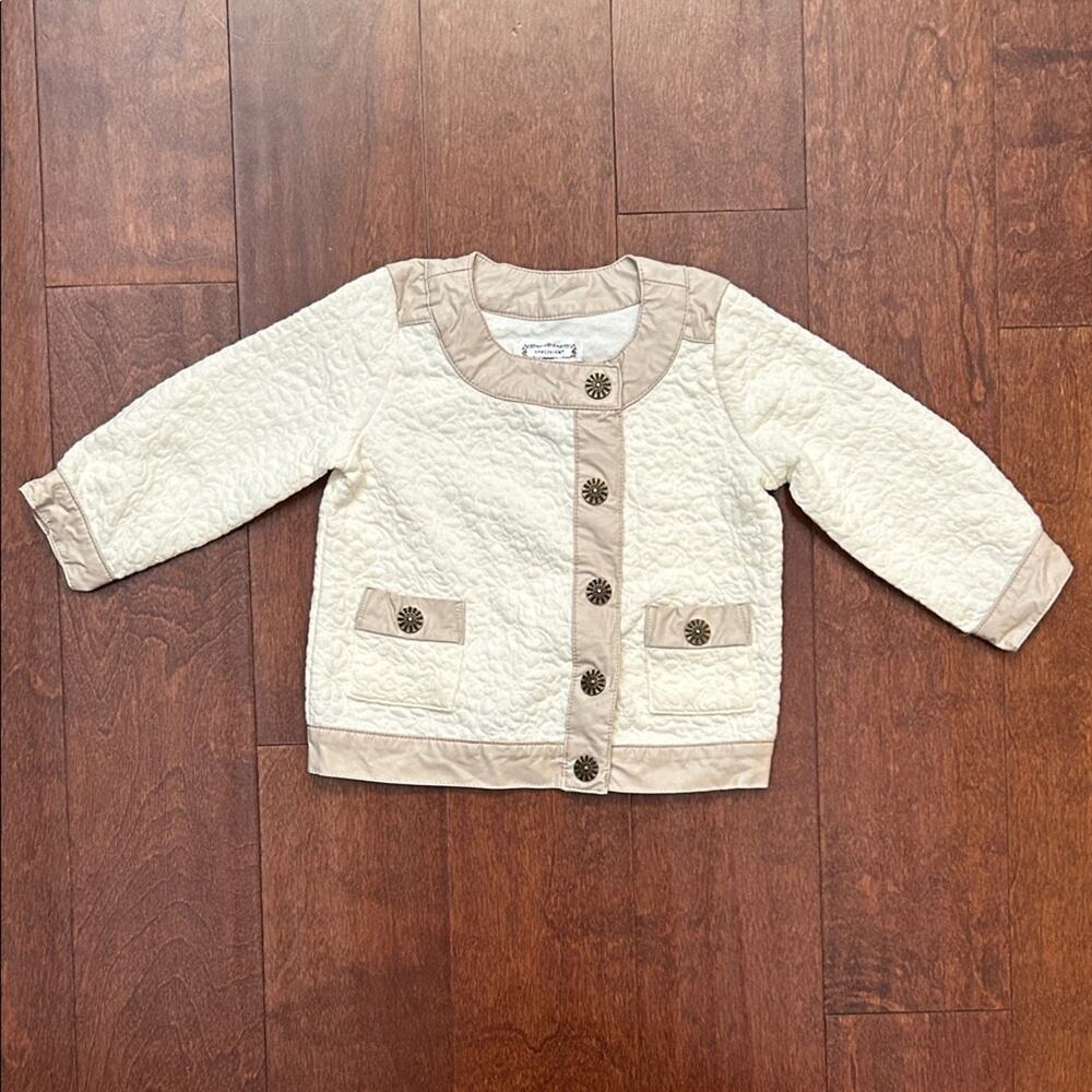 Aphorism Ivory Quilted Jacket with Cute Buttons and Faux Leather Trim, Size 12 M